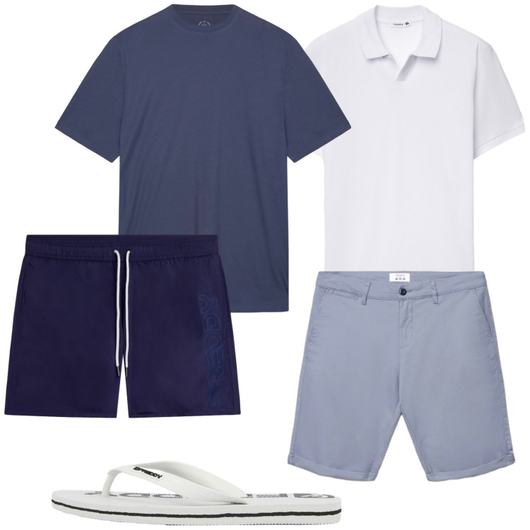 Outfit uomo - Blu e dintorni. Stile Casual per Mare. Abbinamento con shorts, polo, sandali, costumi, t-shirt.