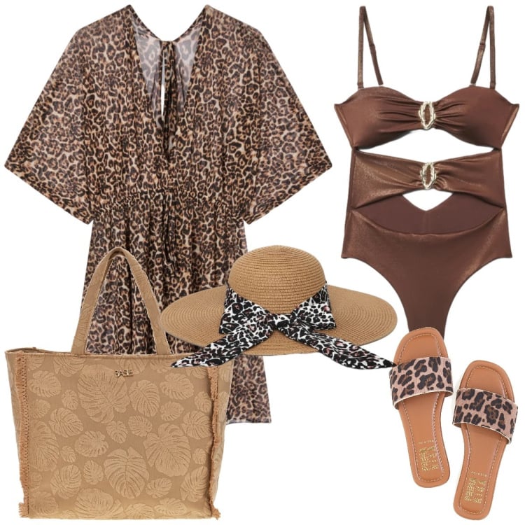 Outfit donna - Total look #2416251. Stile Trendy per Mare. Abbinamento con vestiti da spiaggia, costumi interi, cappelli, ciabatte, shopping bag.