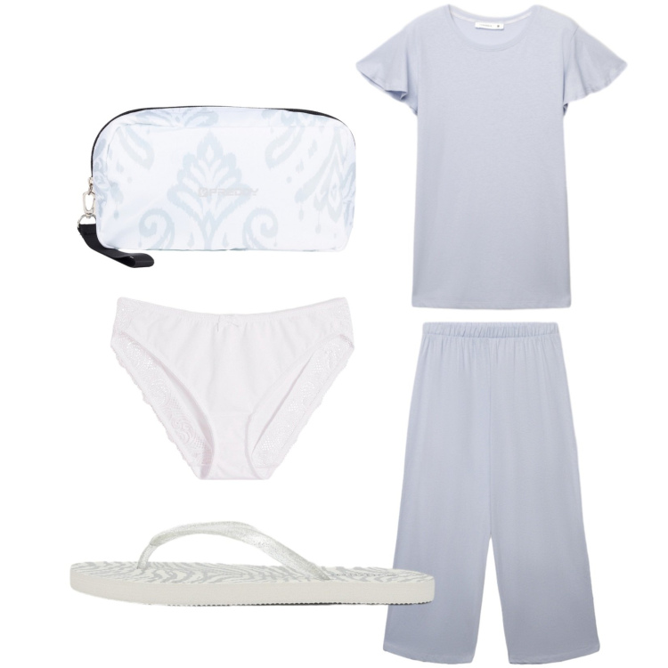 Outfit donna - Notte basic. Stile Basic per Tutti i giorni. Abbinamento con culotte, infradito, pigiama, valigie.