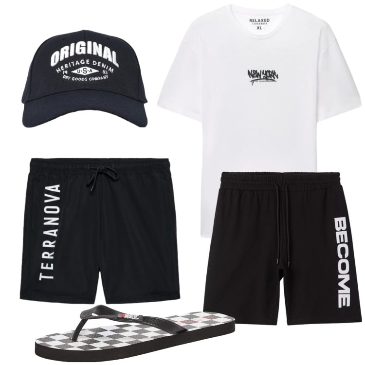 Outfit uomo - Total look #2416253. Stile Casual per Mare. Abbinamento con sandali, cappelli con visiera, bermuda, t-shirt, costumi.