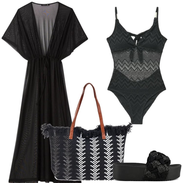 Outfit donna - Total look #2416254. Stile Chic per Mare. Abbinamento con caftani, costumi interi, borse tote, ciabatte.