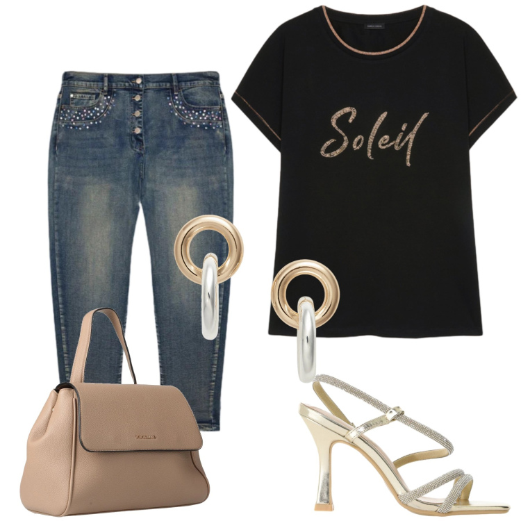 Outfit donna - Total look #2416258. Stile Casual chic per Tutti i giorni. Abbinamento con zaini, sandali col tacco, jeans, t-shirt, orecchini.