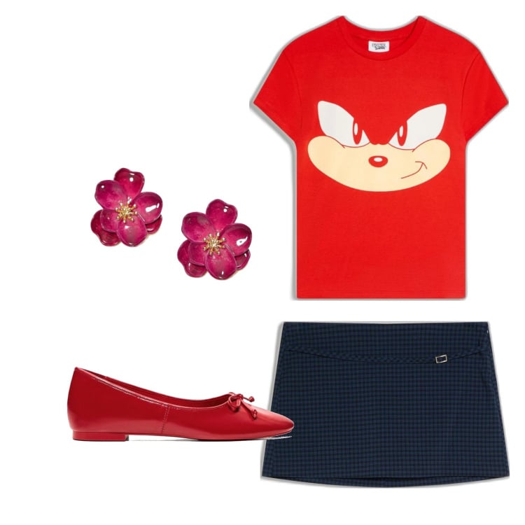 Outfit mujer - Trendy look. Estilo Trendy para Todos los días. Combinación con faldas, camiseta, pendientes, bailarinas.