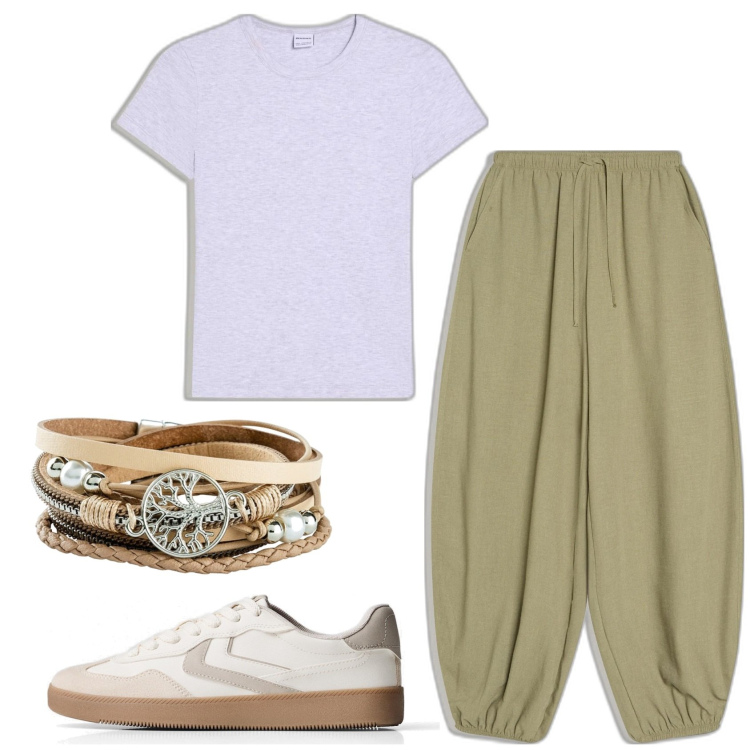 Outfit mujer - Casual look. Estilo Casual para Todos los días. Combinación con pulseras, camiseta, pantalones, sneakers.