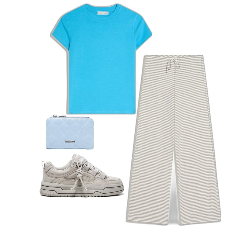 Outfit mujer - Casual look. Estilo Casual para Todos los días. Combinación con pantalones, camiseta, monederos, sneakers.