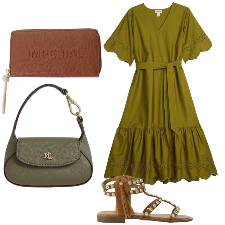 Outfit donna - Mare in arrivo. Stile Boho per Mare. Abbinamento con vestiti midi/longuette, portafogli, sandali, borse a mano.