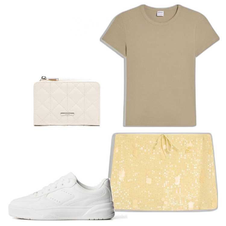 Outfit mujer - Casual look. Estilo Casual para Todos los días. Combinación con sneakers, camiseta, monederos, faldas.
