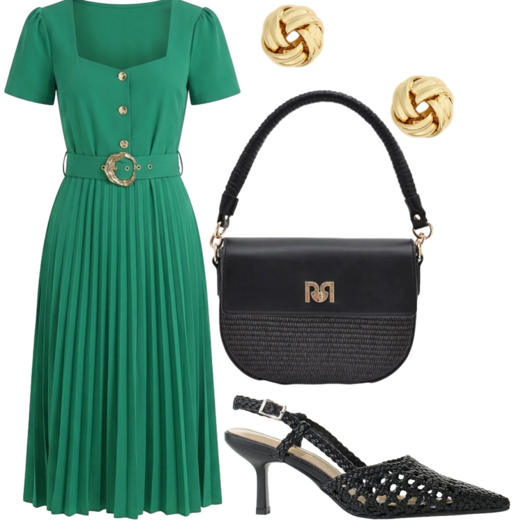 Outfit donna - Estate amarcord. Stile Bon Ton per Serata fuori. Abbinamento con décolleté, vestiti midi/longuette, borse a spalla, orecchini.