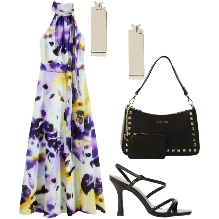 Outfit donna - Serata glamour. Stile Glamour per Serata fuori. Abbinamento con vestiti lunghi, borse a spalla, sandali col tacco, orecchini.