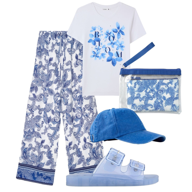 Outfit donna - Tempo libero blu brillante. Stile Casual per Tutti i giorni. Abbinamento con cappelli con visiera, pantaloni, t-shirt, pochette, sandali.