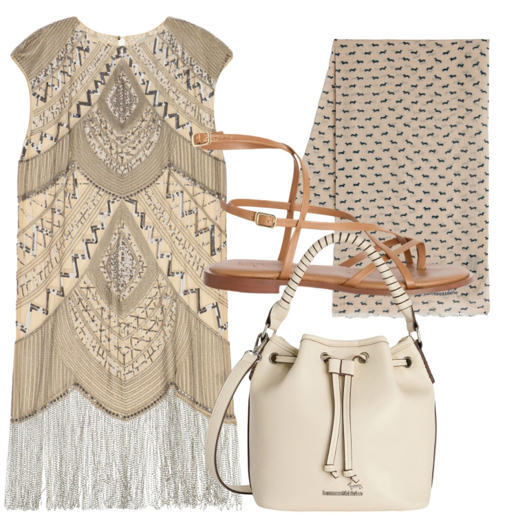 Outfit donna - City Summer Mood. Stile Boho per Tutti i giorni. Abbinamento con borse a secchiello, sandali in pelle, sciarpe, vestiti midi/longuette.