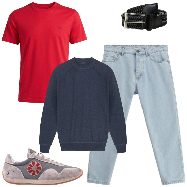 Outfit uomo - Giugno. Stile Casual per Tutti i giorni. Abbinamento con jeans, cinture, t-shirt, sneakers, maglieria.