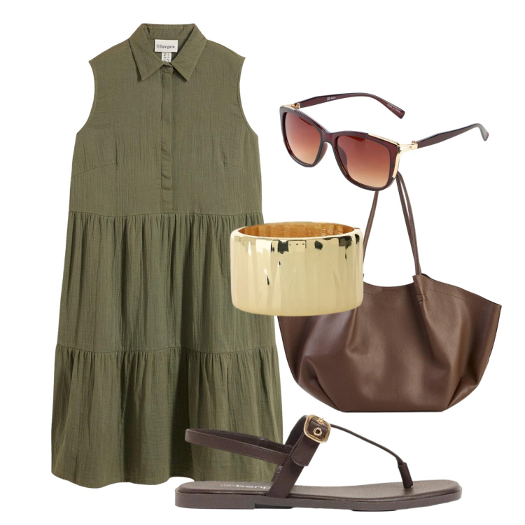 Outfit donna - Comfort e femminilità. Stile Trendy per Tutti i giorni. Abbinamento con vestiti, shopping bag, occhiali da sole, sandali, braccialetti.