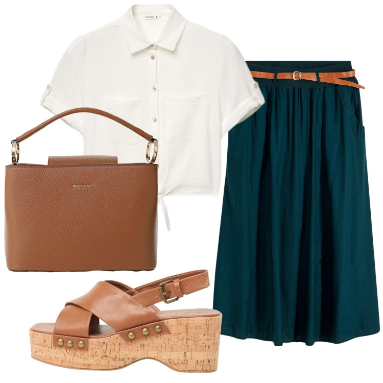 Outfit donna - Total look #2416287. Stile Basic per Ufficio. Abbinamento con gonne lunghe, zeppe, camicie a manica corta, borse a secchiello.