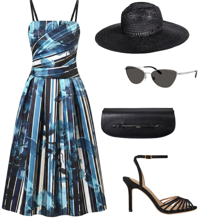 Outfit donna - Abito a fantasia. Stile Vintage retrò per Cerimonia. Abbinamento con cappelli, vestiti midi/longuette, clutch, occhiali da sole, sandali col tacco.