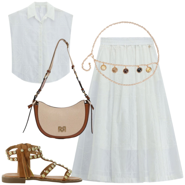 Outfit donna - Withe. Stile Casual chic per Tutti i giorni. Abbinamento con cinture, borse a tracolla, sandali, gonne lunghe, camicie a manica corta.