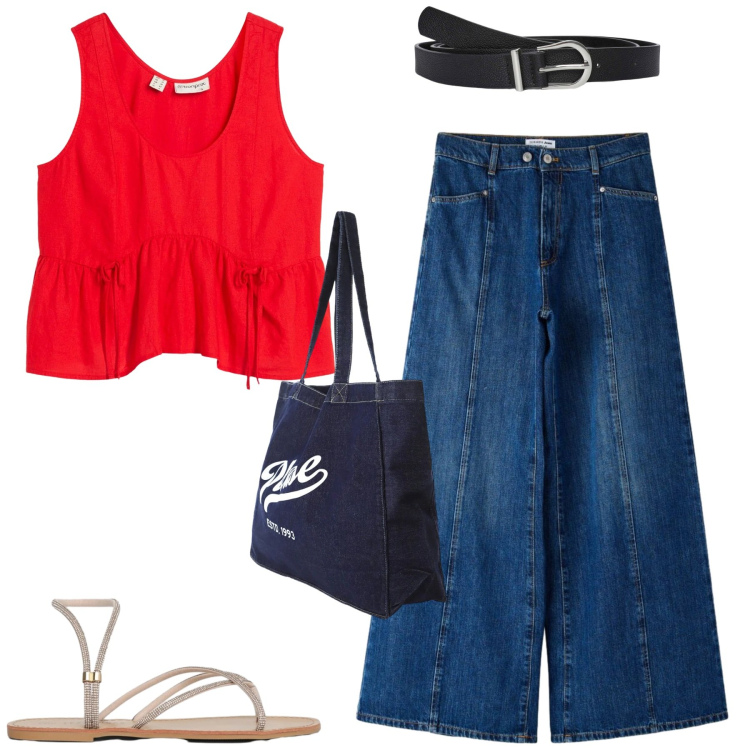 Outfit donna - Total look #2416293. Stile Casual per Tutti i giorni. Abbinamento con top, cinture, sandali, jeans, shopping bag.