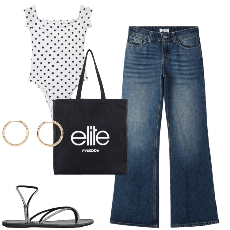 Outfit donna - Total look #2416294. Stile Casual per Tutti i giorni. Abbinamento con orecchini, top, sandali, jeans, shopping bag.