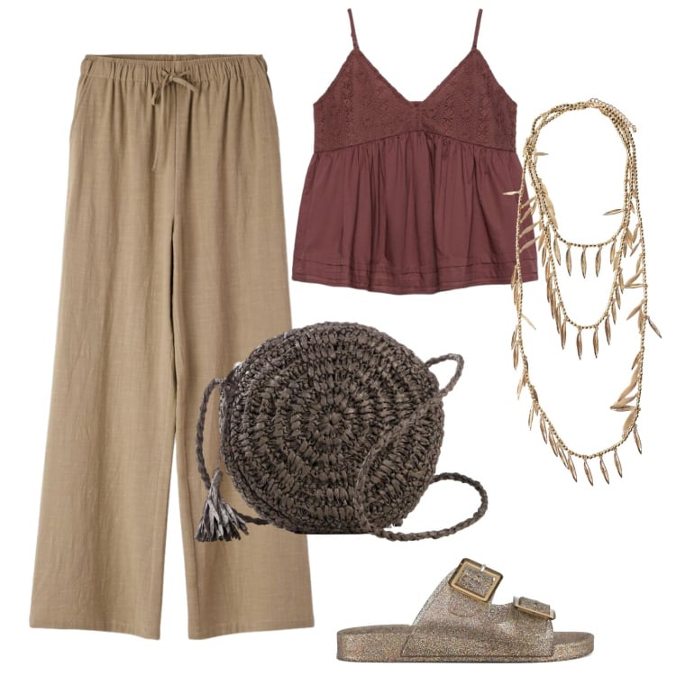 Outfit donna - Pantaloni in lino. Stile Etnico per Tutti i giorni. Abbinamento con borse a tracolla, canottiere, pantaloni, collane, sandali.