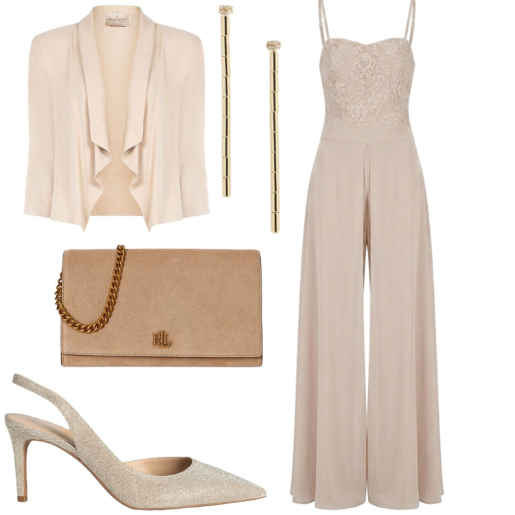 Outfit donna - Chic. Stile Chic per Cerimonia. Abbinamento con décolleté, tute, blazer, borse a tracolla, orecchini.