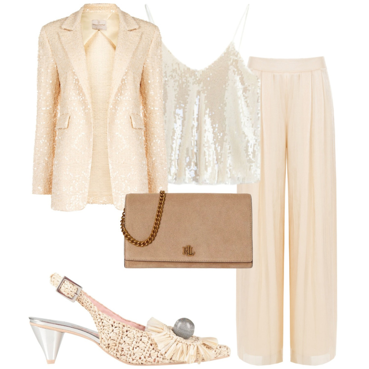 Outfit donna - Chic. Stile Chic per Cerimonia. Abbinamento con décolleté, pantaloni a palazzo, blazer, top, borse a tracolla.