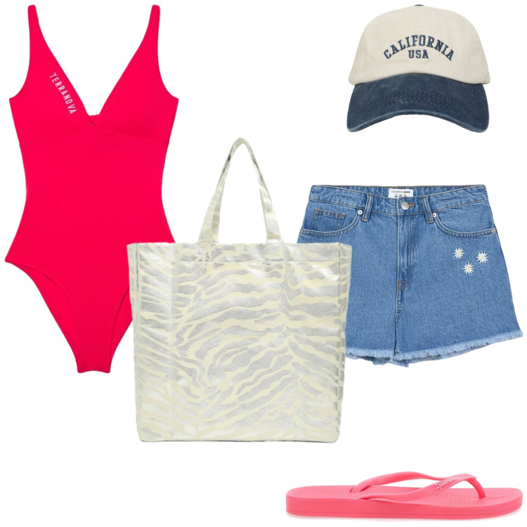 Outfit donna - In spiaggia. Stile Casual per Mare. Abbinamento con costumi interi, shorts, shopping bag, cappelli con visiera, infradito.