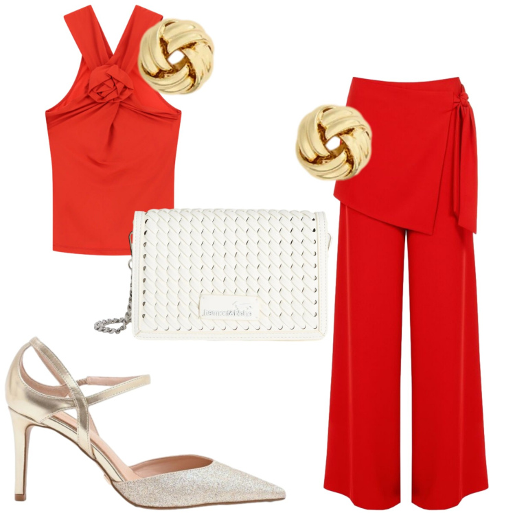 Outfit donna - Red. Stile Chic per Serata fuori. Abbinamento con pantaloni a palazzo, décolleté, canottiere, borse a tracolla, orecchini.