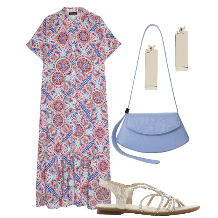 Outfit donna - Fresco chemisier con stile. Stile Casual chic per Tutti i giorni. Abbinamento con sandali, borse a spalla, vestiti lunghi, orecchini.