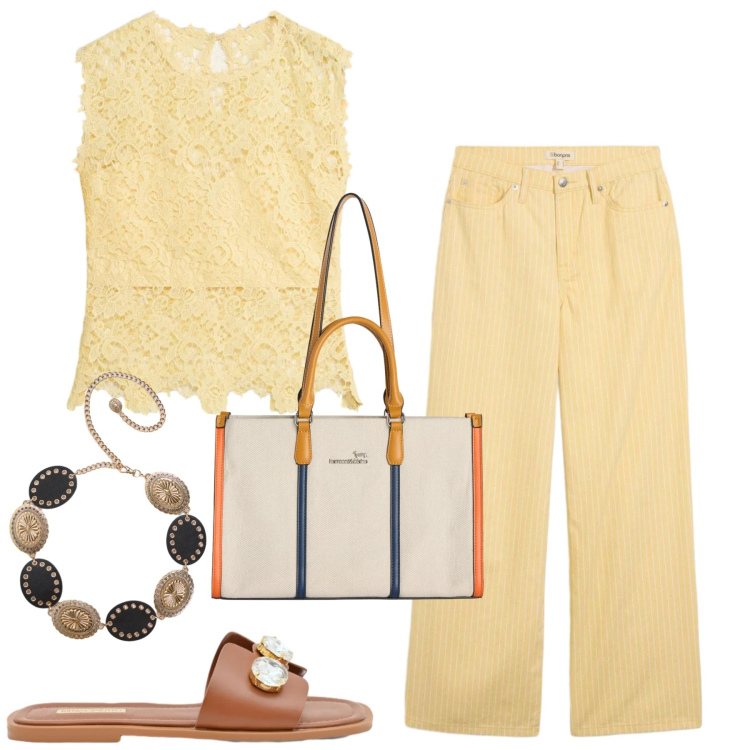 Outfit donna - Yellow. Stile Casual chic per Tutti i giorni. Abbinamento con canottiere, pantaloni, cinture, sandali gioiello, borse tote.