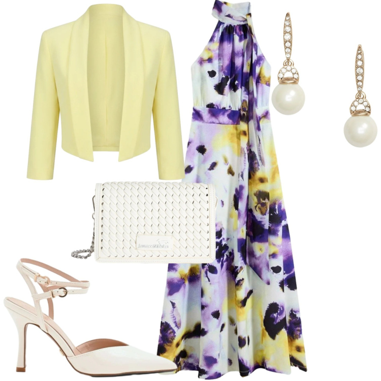 Outfit donna - Elegante. Stile Romantica per Serata fuori. Abbinamento con vestiti lunghi, bolero, décolleté, borse a tracolla, orecchini.