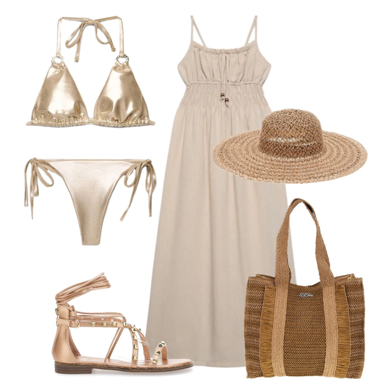 Outfit donna - Sabbia dorata. Stile Glamour per Mare. Abbinamento con vestiti lunghi, bikini, bikini, borse a spalla, sandali alla schiava, cappelli.