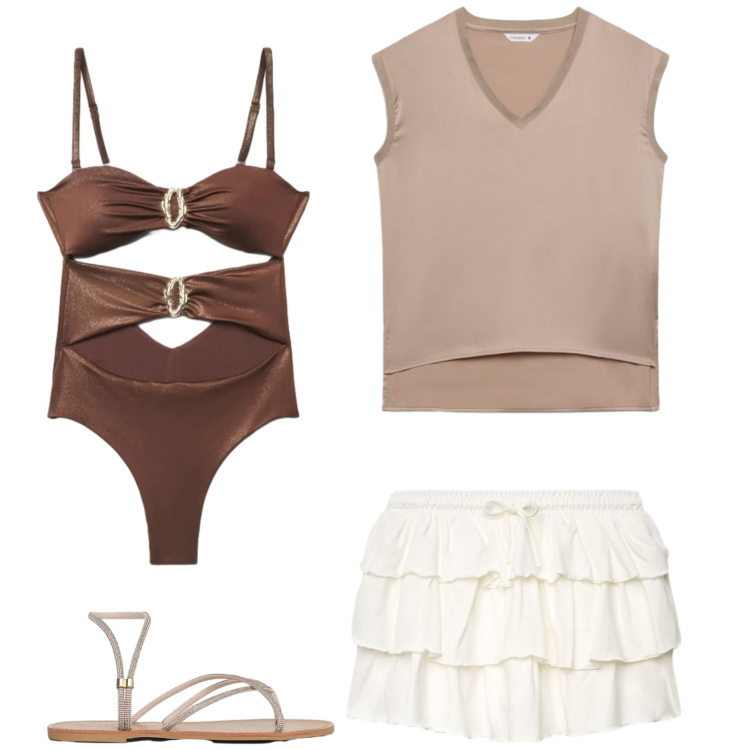 Outfit donna - Un certo gusto. Stile Casual per Mare. Abbinamento con top, sandali, costumi interi, minigonne.