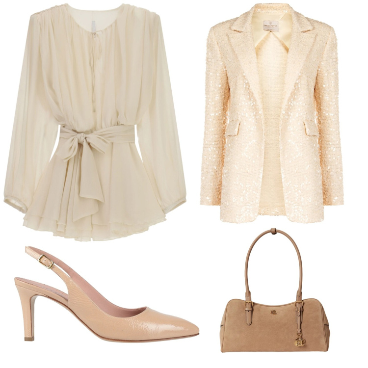 Outfit donna - Mezza stagione. Stile Chic per Serata fuori. Abbinamento con décolleté, blazer, vestiti corti, borse a mano.