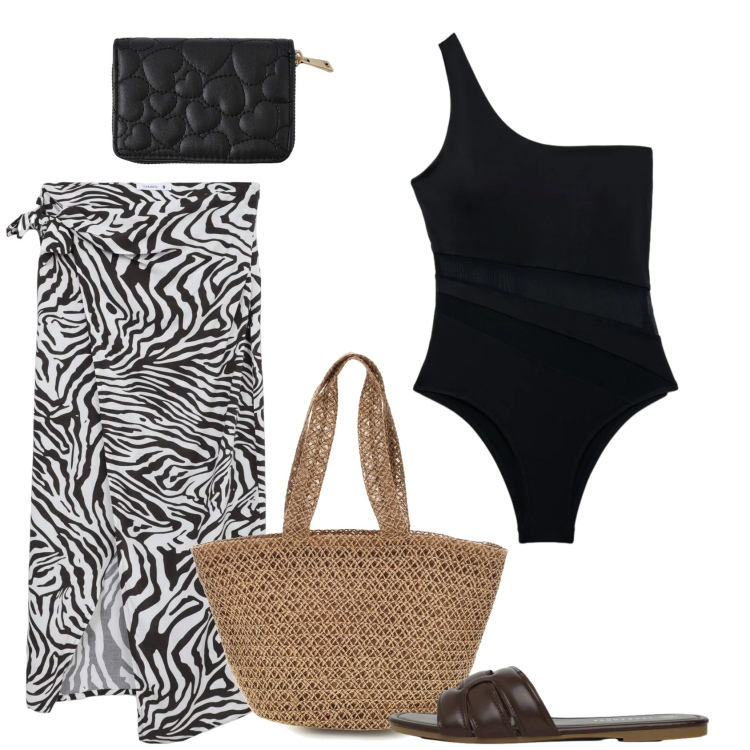 Outfit donna - Il monospalla. Stile Basic per Mare. Abbinamento con portafogli, vestiti da spiaggia, ciabatte, costumi interi, borse a spalla.