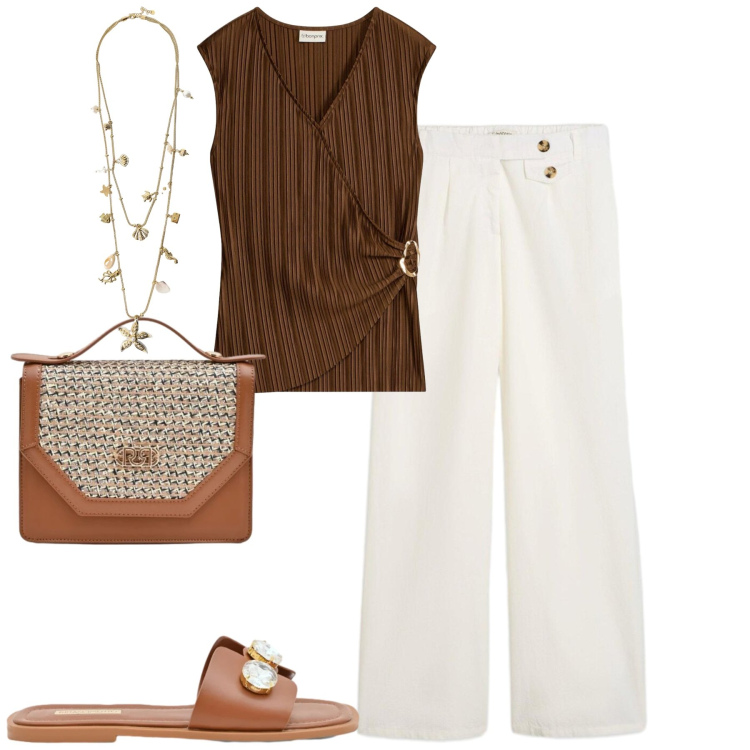 Outfit donna - City. Stile Casual chic per Tutti i giorni. Abbinamento con canottiere, pantaloni, sandali gioiello, pochette, collane.