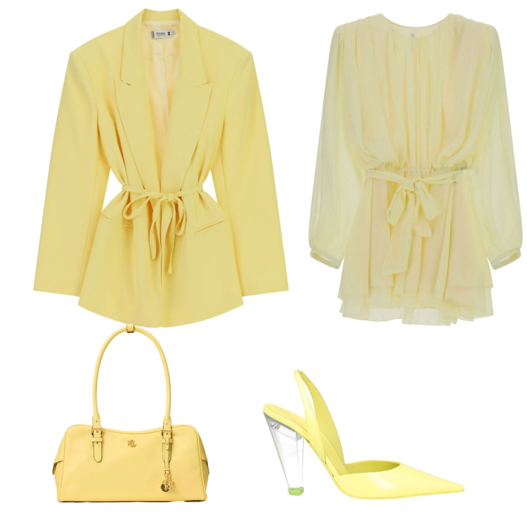 Outfit donna - Total Yellow. Stile Chic per Serata fuori. Abbinamento con décolleté, vestiti corti, blazer, borse a mano.