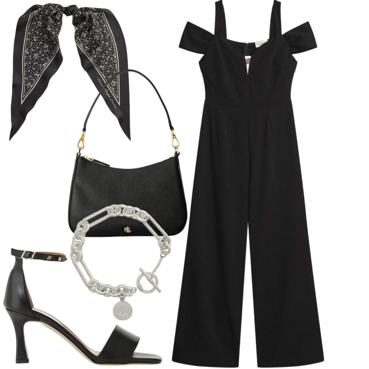 Outfit donna - Serata. Stile Glamour per Serata fuori. Abbinamento con tute, sandali col tacco, braccialetti, borse a spalla, foulard.