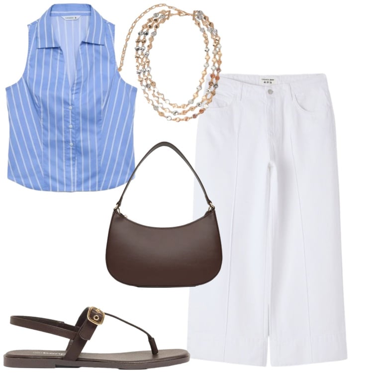 Outfit donna - In ufficio. Stile Casual chic per Ufficio. Abbinamento con sandali, camicie a manica corta, pantaloni, borse a tracolla, collane.