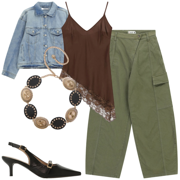 Outfit donna - Total look #2416332. Stile Casual chic per Tutti i giorni. Abbinamento con cinture, sandali col tacco, blazer, pantaloni cargo, top.