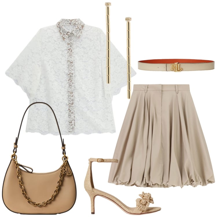 Outfit donna - Total look #2416334. Stile Chic per Cerimonia. Abbinamento con camicie a manica corta, gonne longuette, sandali in pelle, cinture, borse a spalla, orecchini.