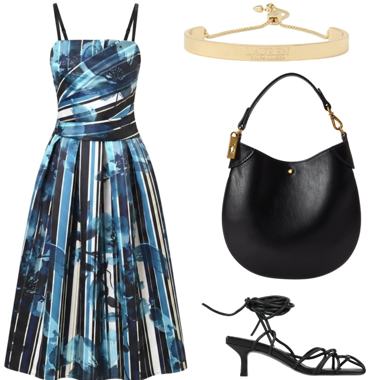 Outfit donna - Cerimonia retrò. Stile Glamour per Cerimonia. Abbinamento con sandali col tacco, vestiti midi/longuette, pochette, braccialetti.