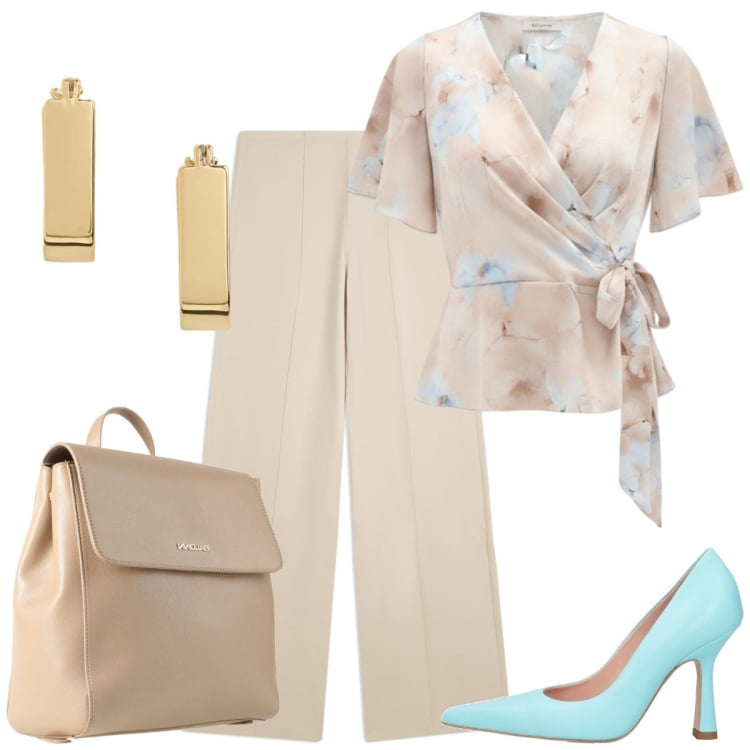 Outfit donna - Sere d\'estate. Stile Basic per Serata fuori. Abbinamento con décolleté, zaini, bluse, pantaloni, orecchini.