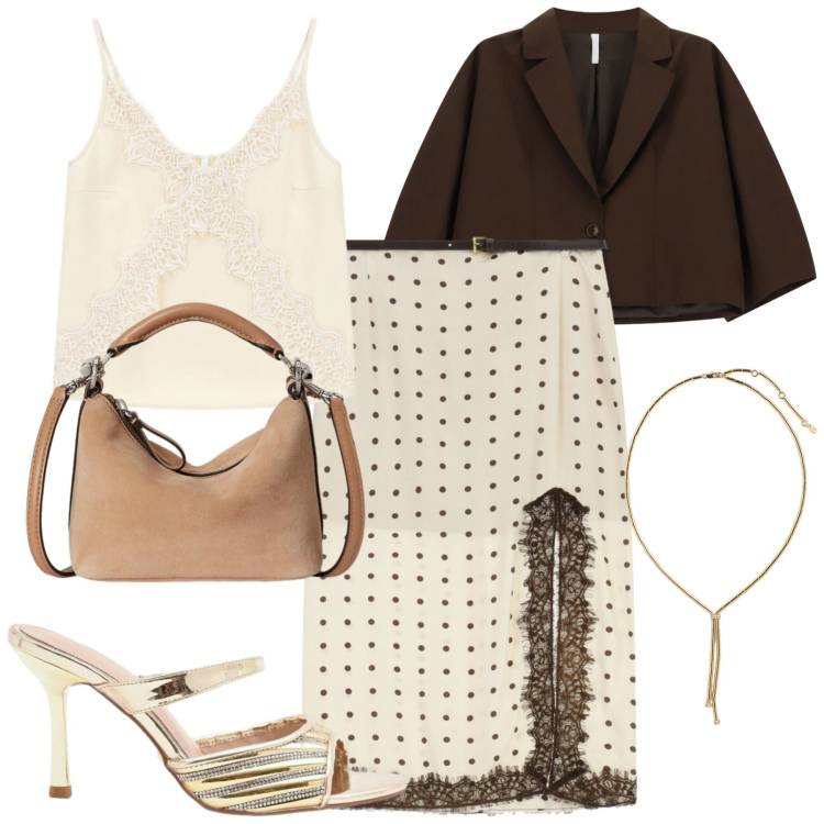 Outfit donna - Total look #2416339. Stile Trendy per Serata fuori. Abbinamento con sabot, gonne lunghe, blazer, canottiere, collane, borse a spalla.