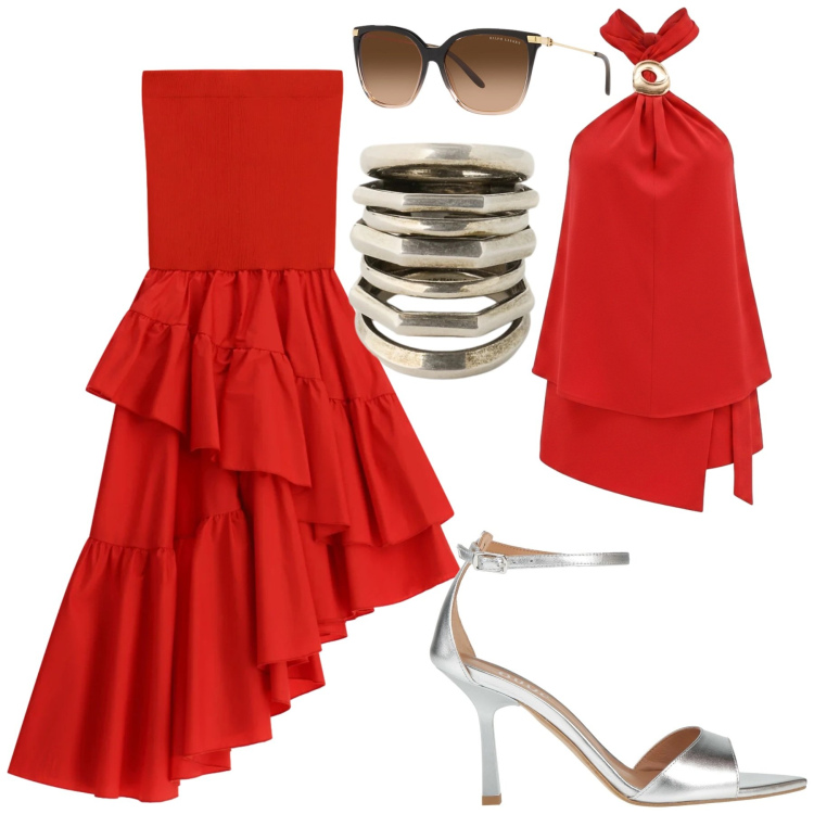 Outfit donna - Red. Stile Glamour per Serata fuori. Abbinamento con sandali in pelle, top, gonne lunghe, occhiali da sole, anelli.