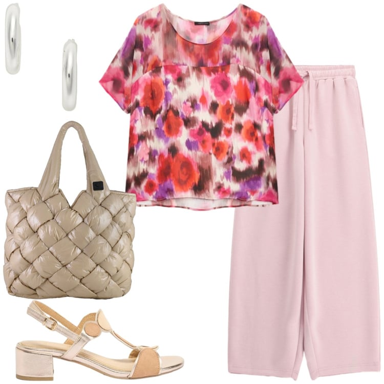 Outfit donna - Total look #2416342. Stile Casual chic per Tutti i giorni. Abbinamento con sandali col tacco, pantaloni a palazzo, bluse, orecchini, borse tote.
