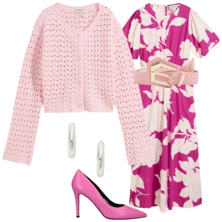 Outfit donna - Pink june. Stile Romantica per Tutti i giorni. Abbinamento con décolleté, cardigans, vestiti lunghi, cinture, orecchini.