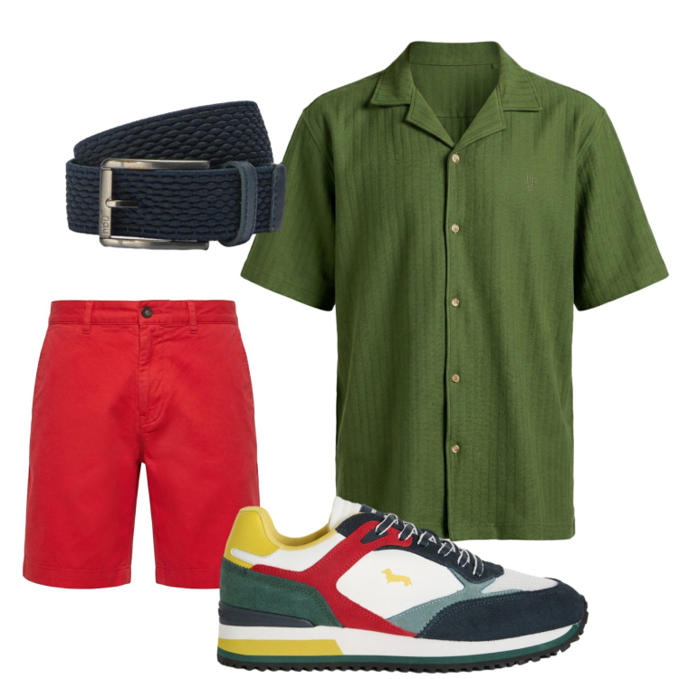Outfit uomo - Casual Estivo. Stile Casual per Mare. Abbinamento con sneakers, camicie a manica corta, pantaloni corti, cinture.