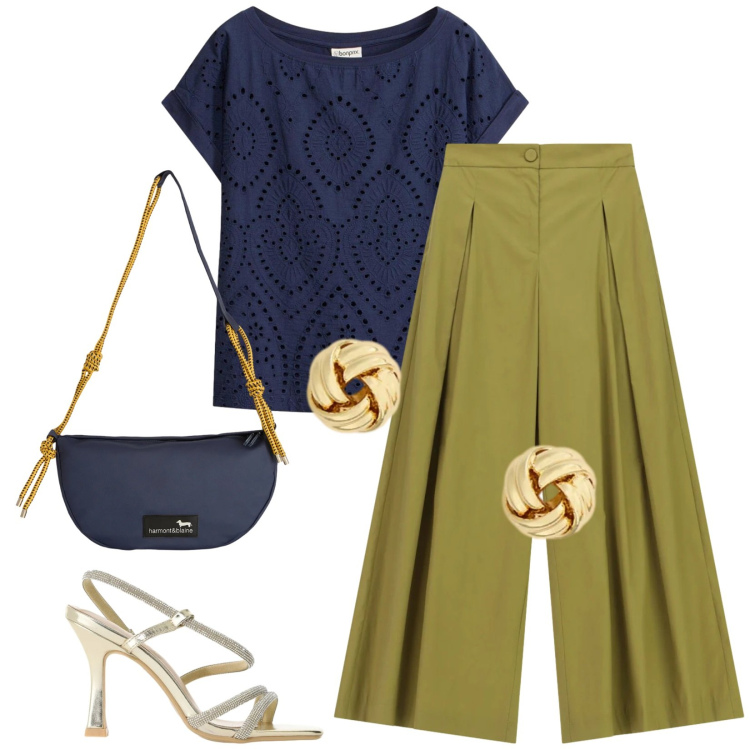 Outfit donna - Total look #2416346. Stile Chic per Serata fuori. Abbinamento con t-shirt, pantaloni a palazzo, sandali col tacco, borse a tracolla, orecchini.