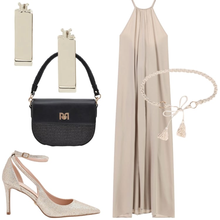 Outfit donna - Una serata speciale. Stile Glamour per Serata fuori. Abbinamento con décolleté, borse a spalla, vestiti lunghi, cinture, orecchini.