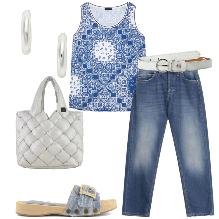 Outfit donna - Total look #2416350. Stile Casual per Tutti i giorni. Abbinamento con cinture, jeans dritti, top, orecchini, borse tote, ciabatte.